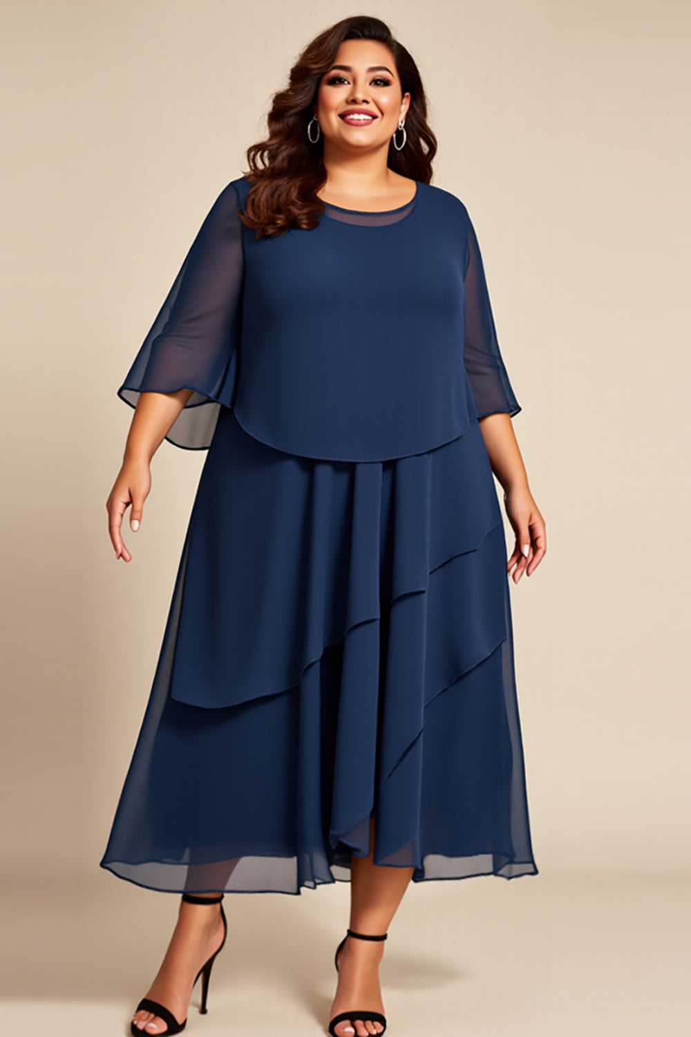 Marinblå Plus Size Chiffong En linje Klänning för brudens mor