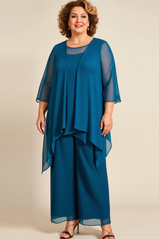 Bläck Blå Plus Size Chiffong Mor till bruden Byxa kostymer