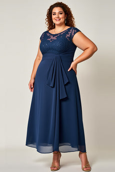 Plus Size Spets Chiffong Marinblå Klänning för brudens mor