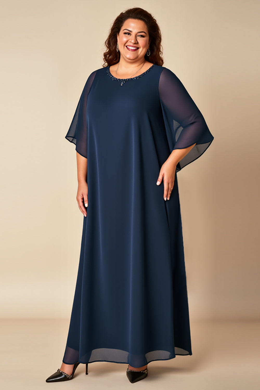 Marinblå Plus Size Fodral Chiffong Klänning för brudens mor