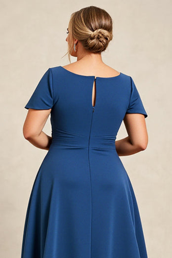 Bläckblå A Line Satin Plus Size Klänning till brudens mor med korta ärmar