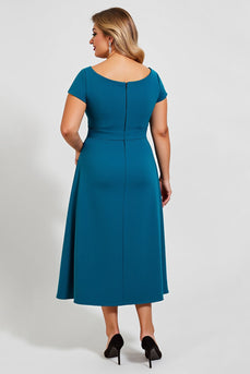 Peacock A Line Chiffong Midi Plus Size Klänning till brudens mor med korta ärmar