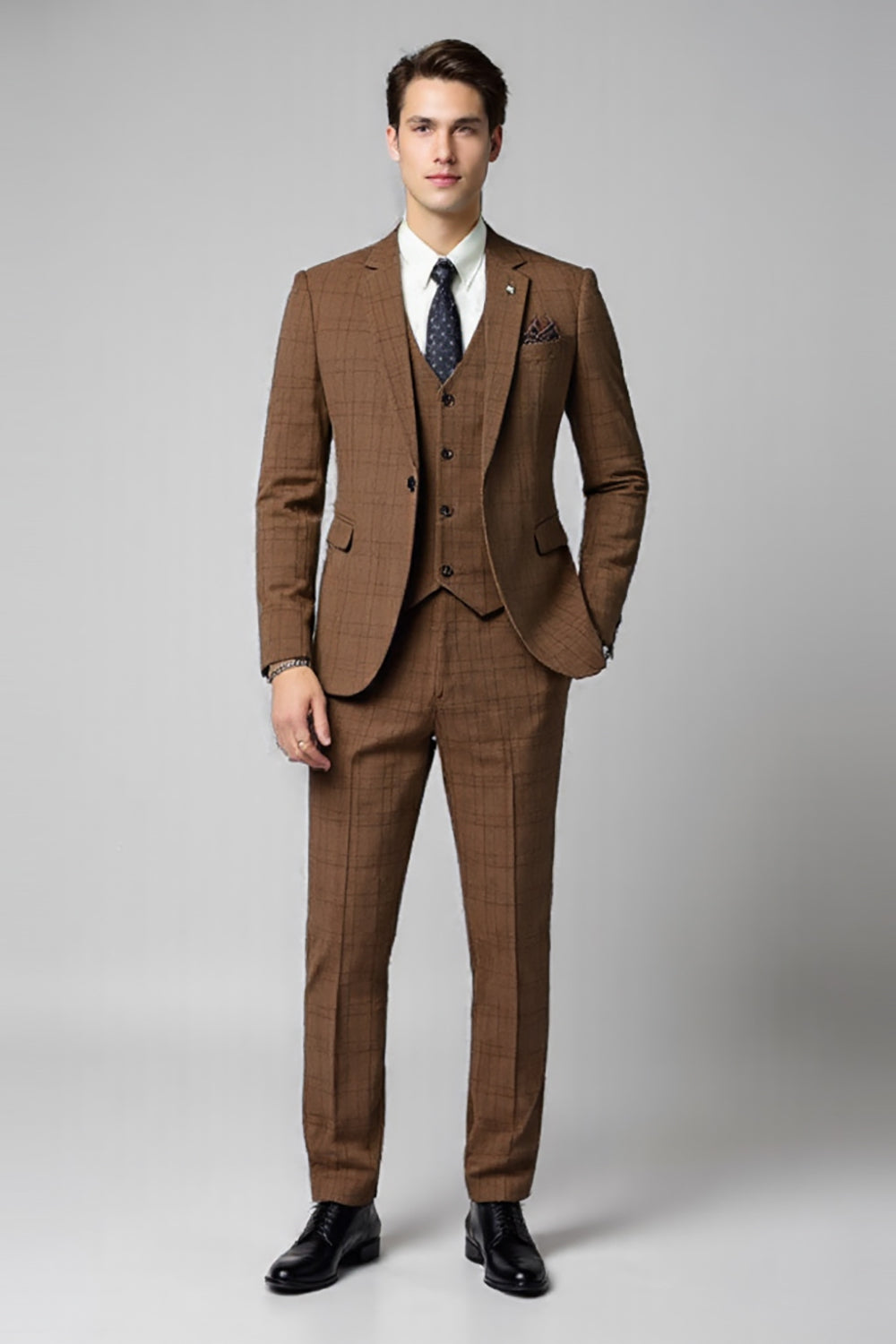 3-delad Slim Fit Rutig Notched Kavajslag Bruna Herrkostymer
