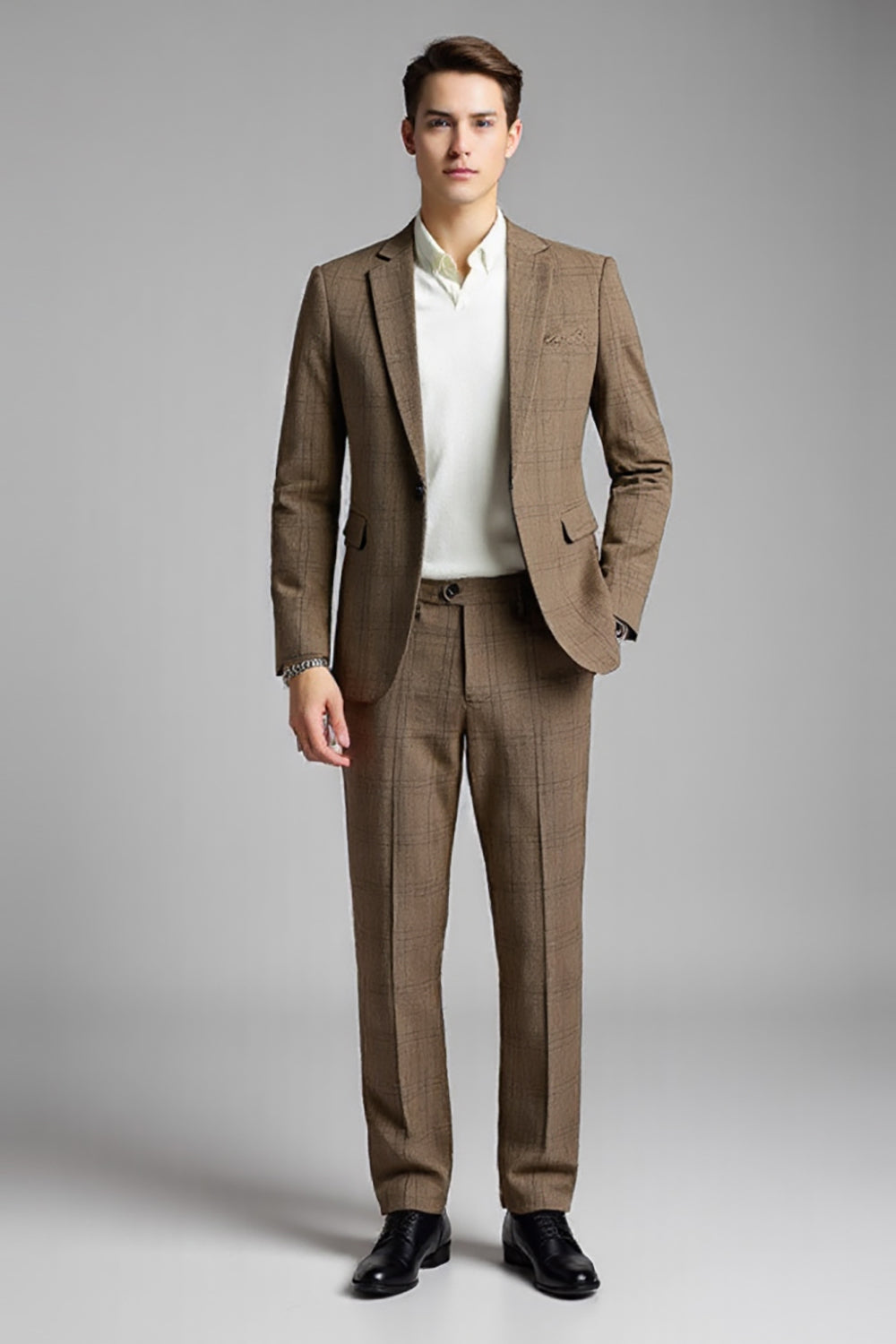 Khaki Slim Fit 2 Piece Notched Lapel Plaid Herrkostymer
