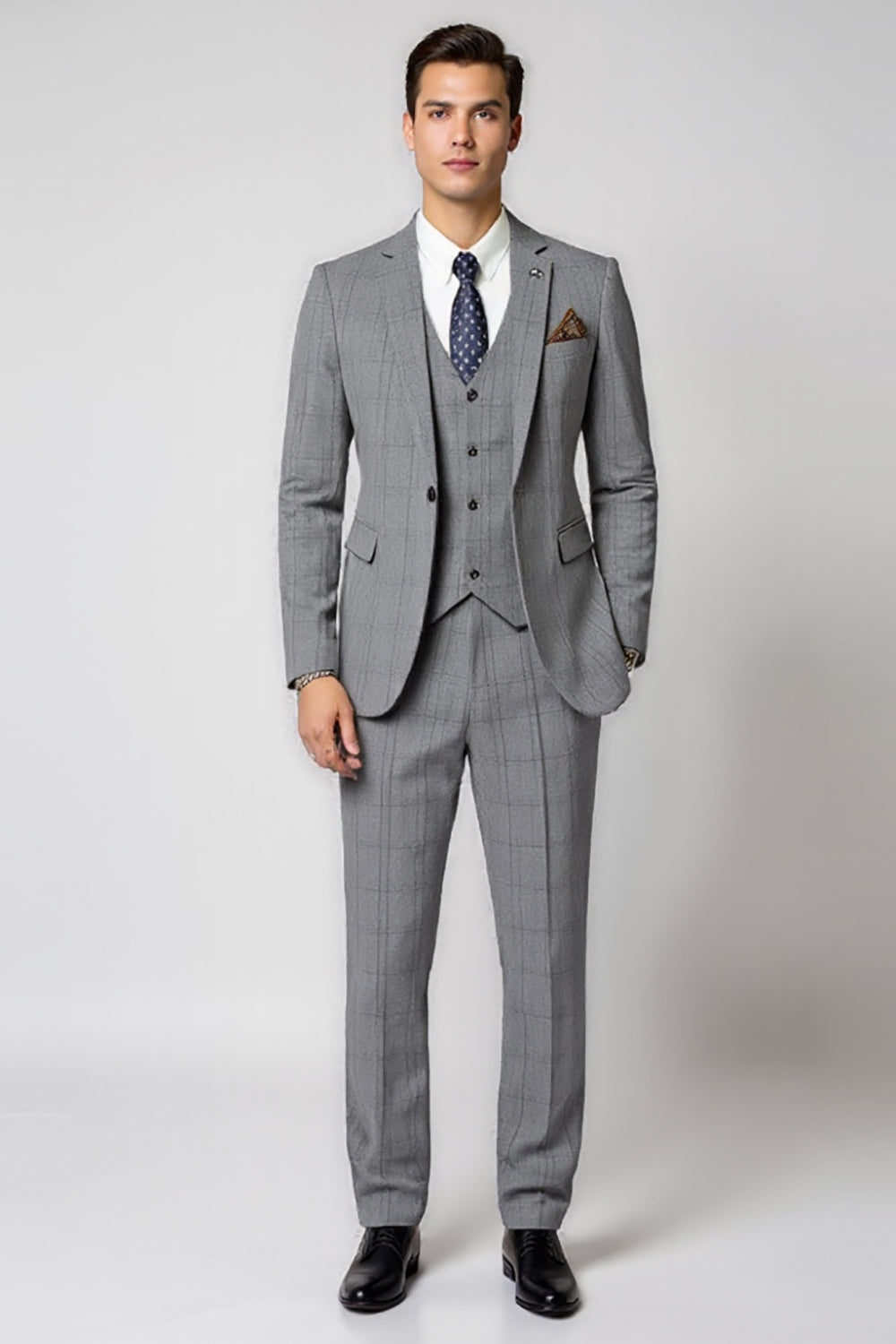 Grå Skårade slag 3 delar Enkelknäppt Slim Fit Mäns Formella kostymer