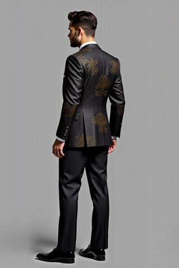 Elegant svart broderad 3-delad kostym för män