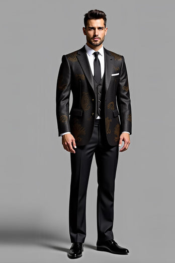 Elegant svart broderad 3-delad kostym för män