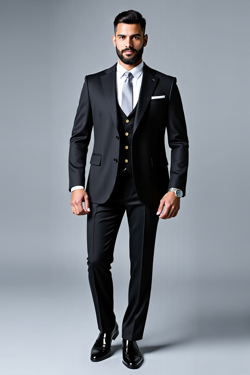 Svart Notched Lapel 3 Pieces Prom Suits för män