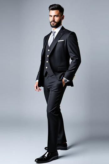 Svart Notched Lapel 3 Pieces Prom Suits för män