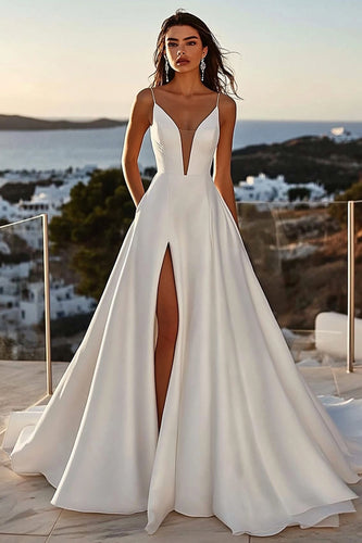 A Line Spaghetti Straps lvory Lång Bröllopsklänning med slits