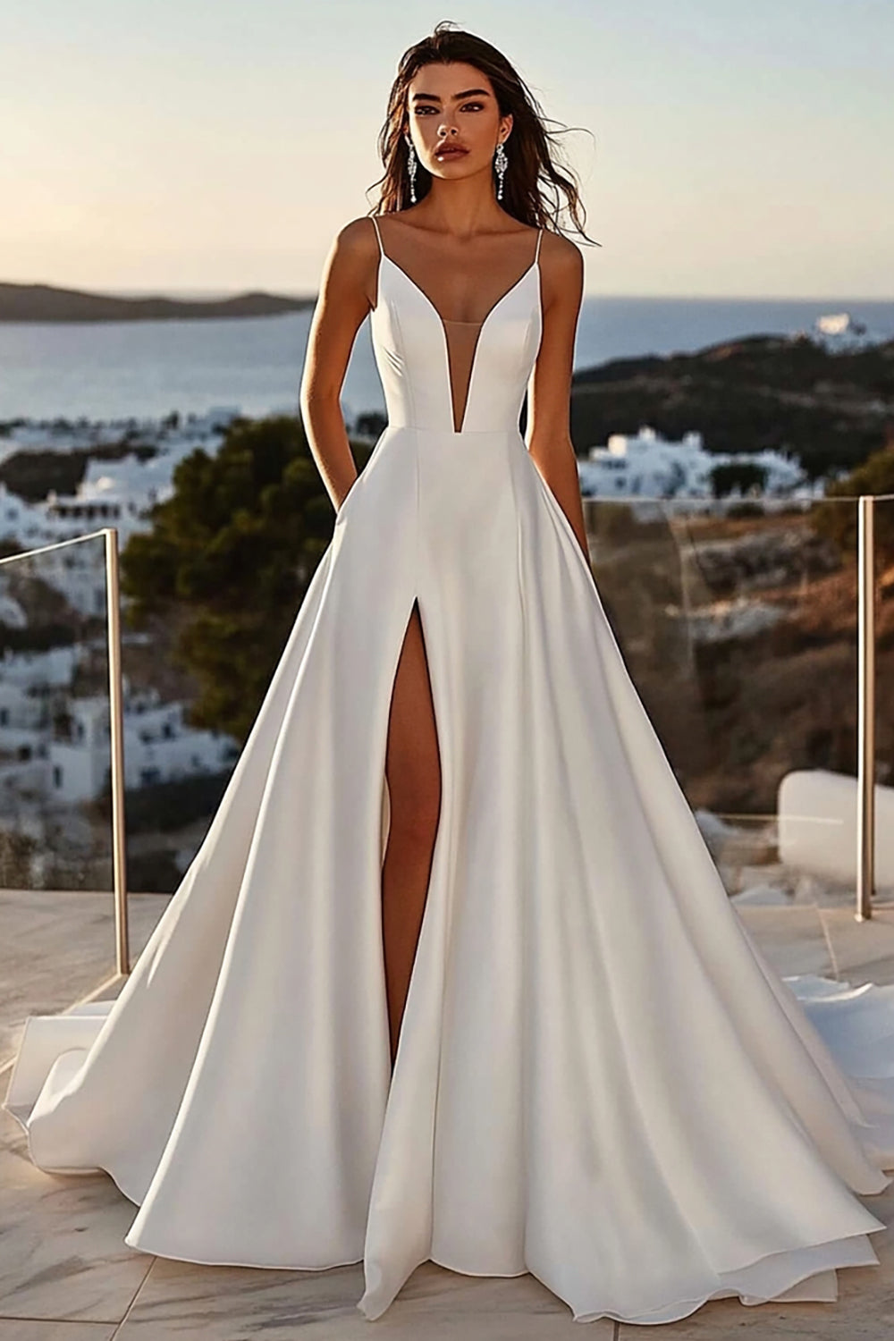 A Line Spaghetti Straps lvory Lång Bröllopsklänning med slits