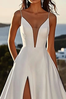 A Line Spaghetti Straps lvory Lång Bröllopsklänning med slits