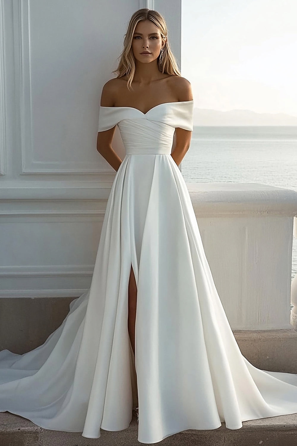 Off The Shoulder A Line Elfenben Satin Bröllopsklänning Med Slits
