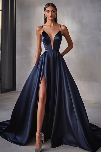 Marinblå Satin A Line Spaghetti Straps Lång Balklänning med slits