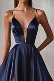 Marinblå Satin A Line Spaghetti Straps Lång Balklänning med slits