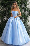 Glitter Sky Blue A-linje Axelbandslös Organza Balklänning med spets
