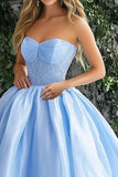Glitter Sky Blue A-linje Axelbandslös Organza Balklänning med spets