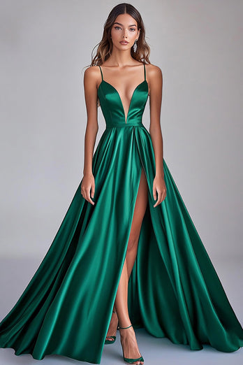 Mörkgrön A-linje Spaghetti Straps Satin Lång Balklänning med slits