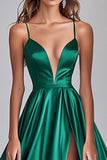 Mörkgrön A-linje Spaghetti Straps Satin Lång Balklänning med slits