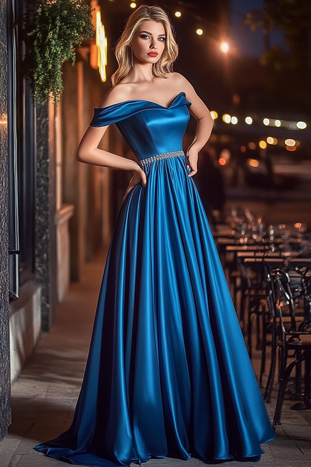 Royal Blue A-linje från axeln Satin lång balklänning med pärlor