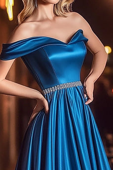 Royal Blue A-linje från axeln Satin lång balklänning med pärlor