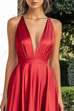 A Line Spaghetti Straps Röd Plus Lång Balklänning med slits