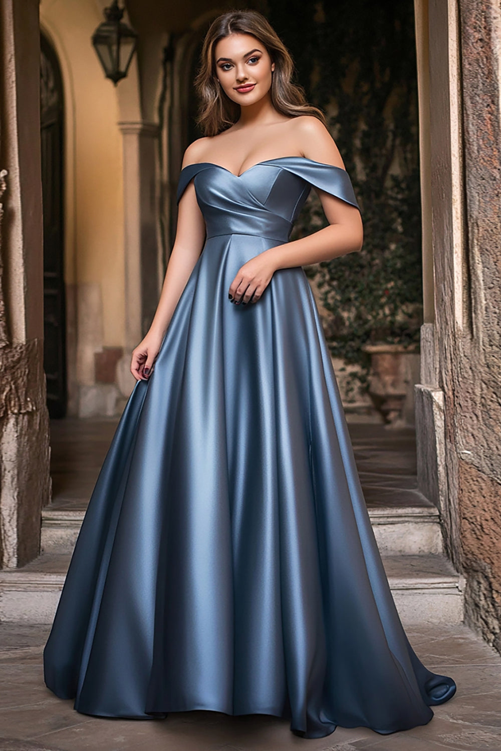 En linje Dusty Blue Off The Shoulder Plisserad Plus Lång Prom Klänning