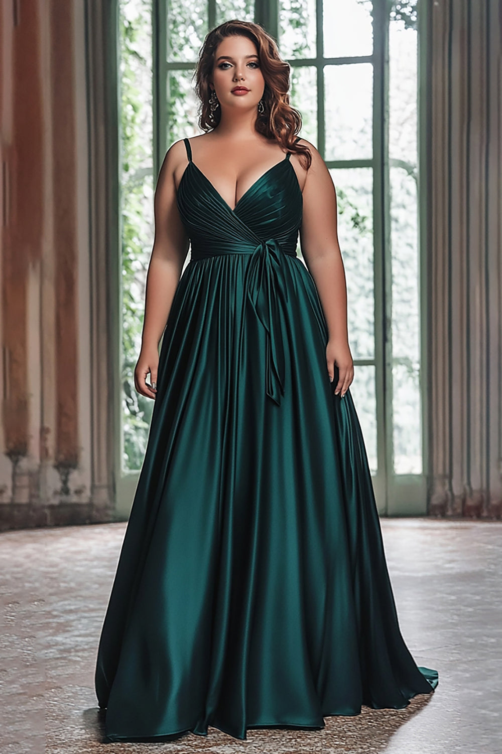 A Line Spaghetti Straps Mörkgrön Plisserad Plus Lång Prom Klänning