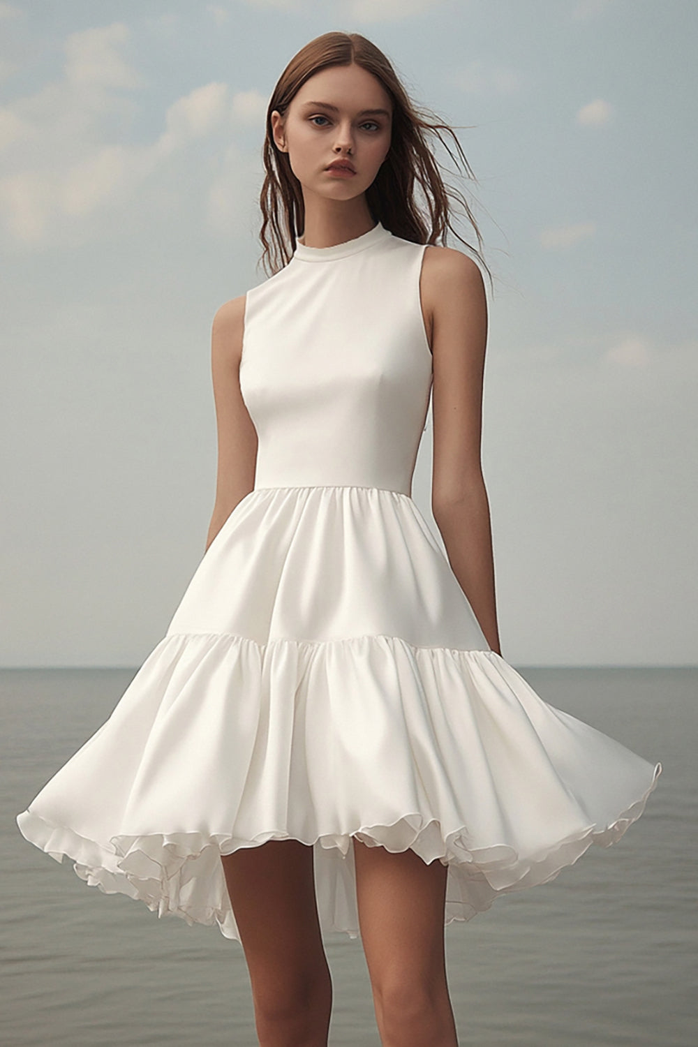 En linje Vit Halter Ruffles Kort Graduation Klänning
