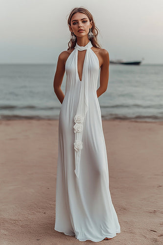 Elegant Vit V-ringad Chiffong Long Beach Klänning