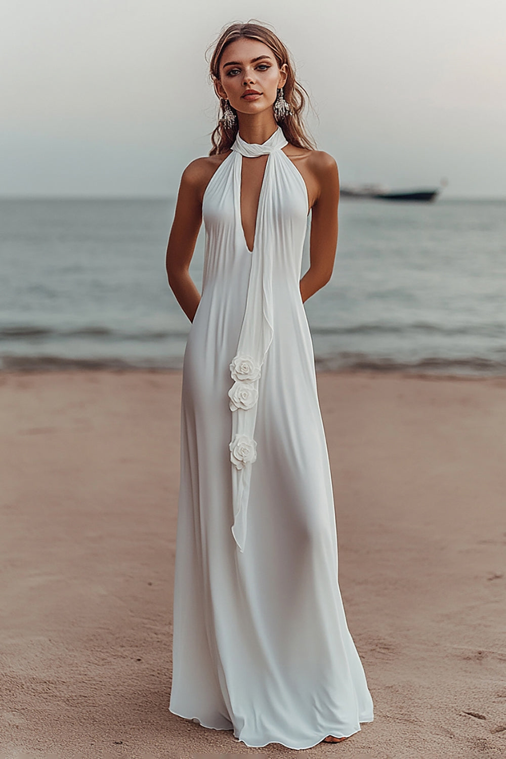 Elegant Vit V-ringad Chiffong Long Beach Klänning