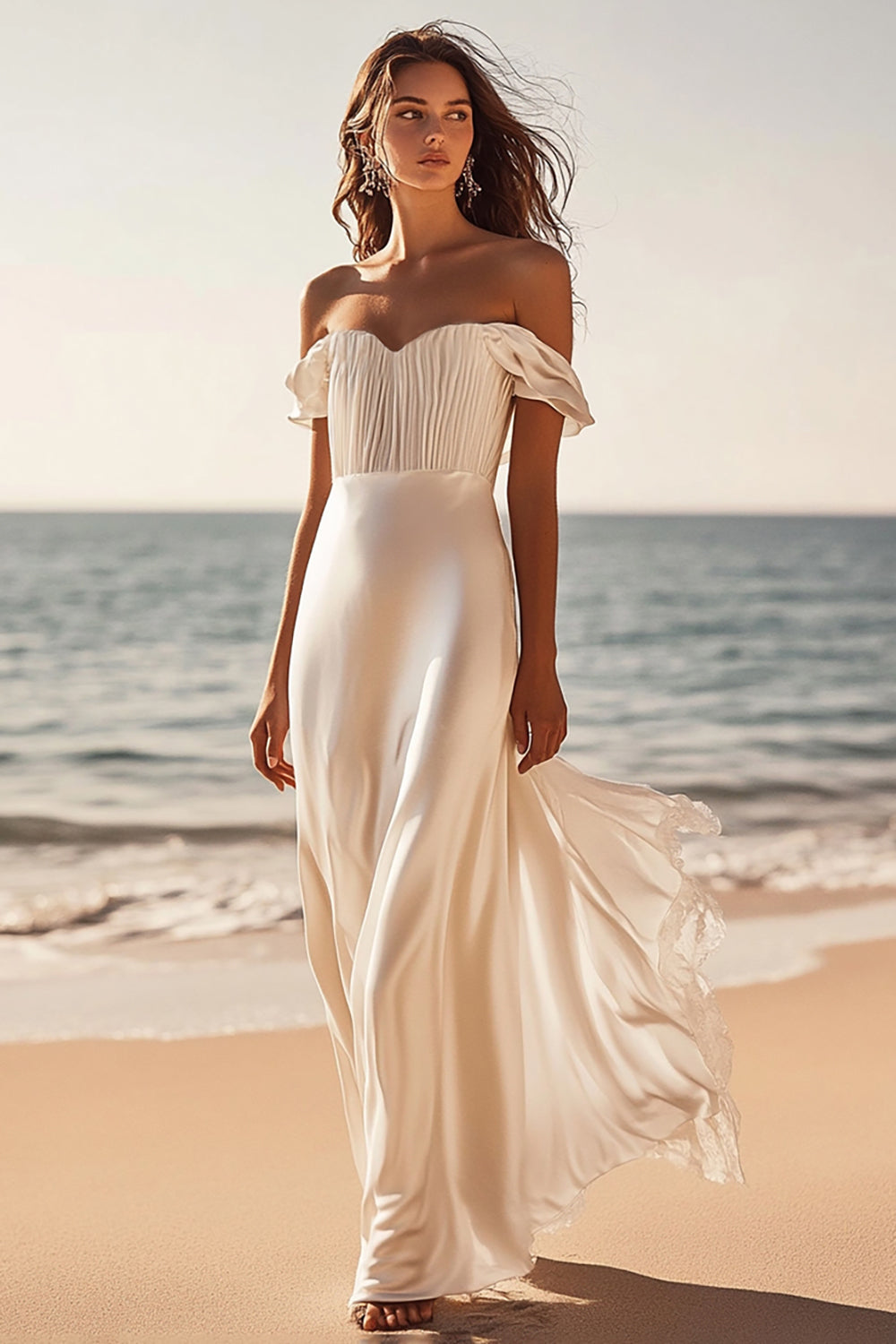 Off The Shoulder Slida Satin Lång Vit Klänning