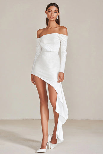 Off The Shoulder Paljetter Volanger Liten Vit Klänning med Långa ärmar