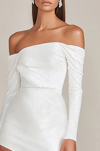 Off The Shoulder Paljetter Volanger Liten Vit Klänning med Långa ärmar