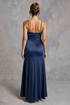 Marinblå Spaghetti Straps Rynkad Satin Lång Formell Klänning Med Slits