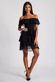 Svart Off The Shoulder Tiered Kort Chiffong Formell Klänning