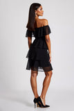 Svart Off The Shoulder Tiered Kort Chiffong Formell Klänning