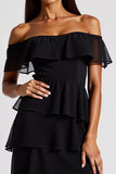 Svart Off The Shoulder Tiered Kort Chiffong Formell Klänning