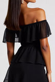 Svart Off The Shoulder Tiered Kort Chiffong Formell Klänning