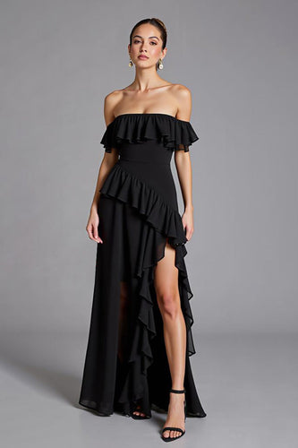 Svart Off The Shoulder Ruffled Chiffong Lång Formell Klänning Med Slits