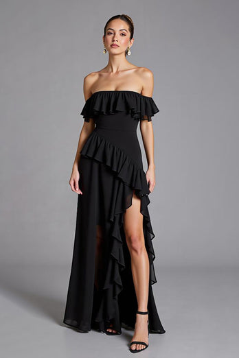 Svart Off The Shoulder Ruffled Chiffong Lång Formell Klänning Med Slits