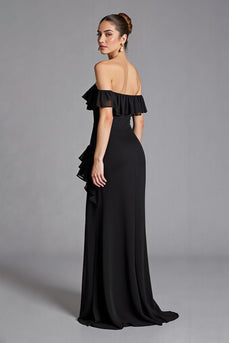 Svart Off The Shoulder Ruffled Chiffong Lång Formell Klänning Med Slits