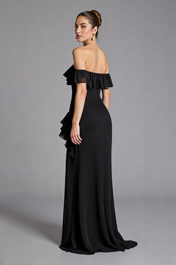 Svart Off The Shoulder Ruffled Chiffong Lång Formell Klänning Med Slits