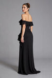 Svart Off The Shoulder Ruffled Chiffong Lång Formell Klänning Med Slits