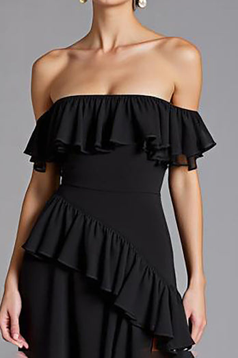 Svart Off The Shoulder Ruffled Chiffong Lång Formell Klänning Med Slits