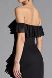 Svart Off The Shoulder Ruffled Chiffong Lång Formell Klänning Med Slits
