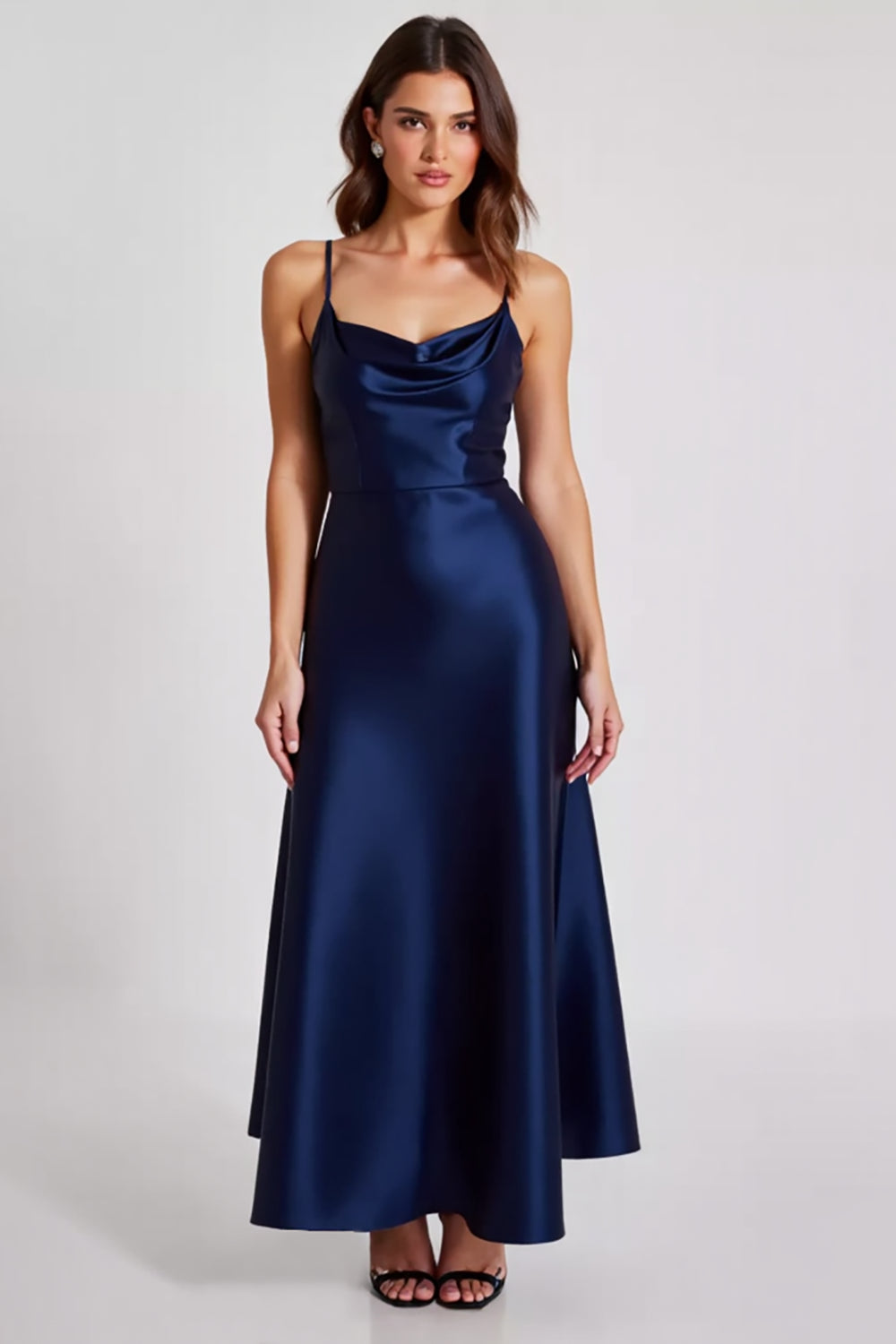 Satin Navy A Line Spaghetti Straps Formell Klänning