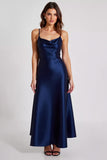 Satin Navy A Line Spaghetti Straps Formell Klänning