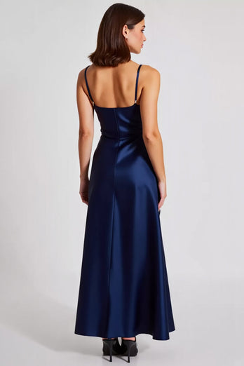 Satin Navy A Line Spaghetti Straps Formell Klänning