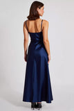 Satin Navy A Line Spaghetti Straps Formell Klänning
